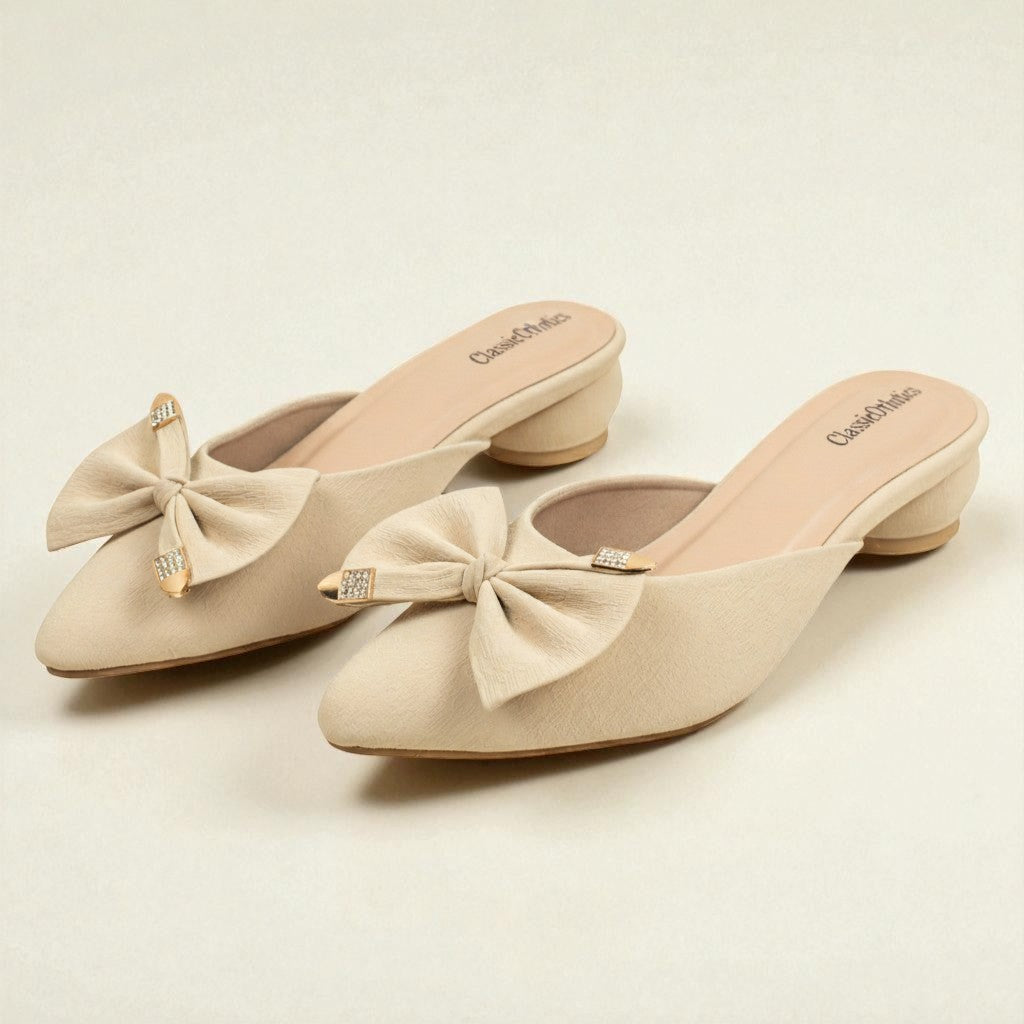 Women Beige Bow Slip-On Mules - ClassicOrthotics