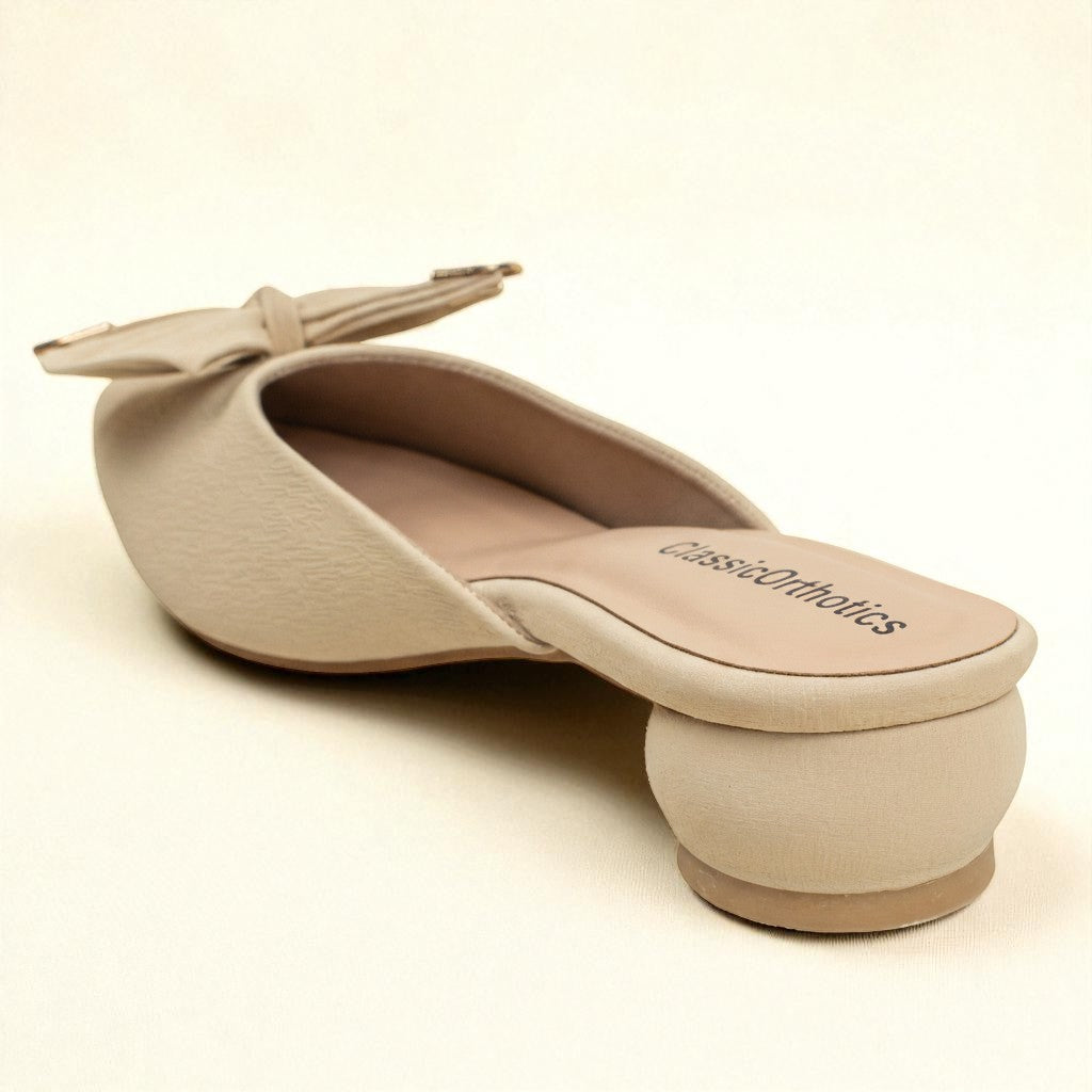 Women Beige Bow Slip-On Mules - ClassicOrthotics