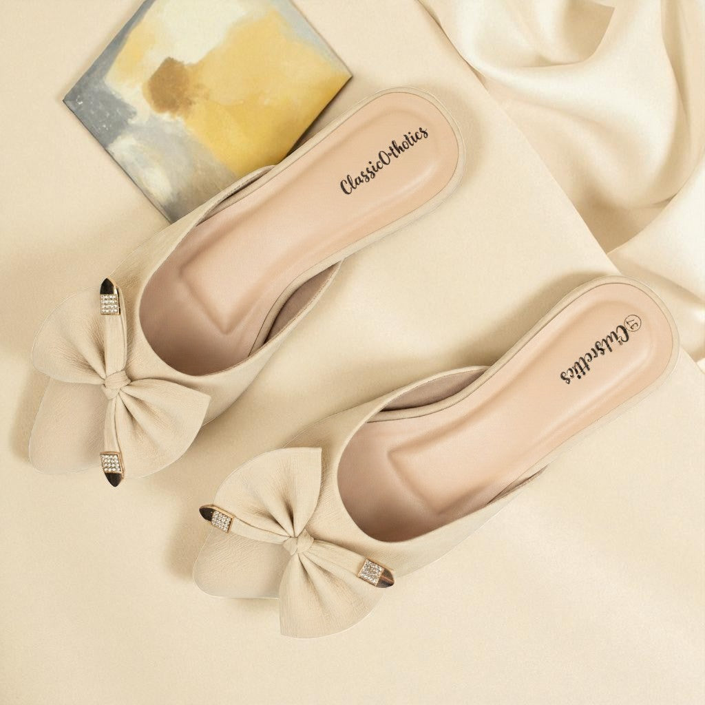 Women Beige Bow Slip-On Mules - ClassicOrthotics