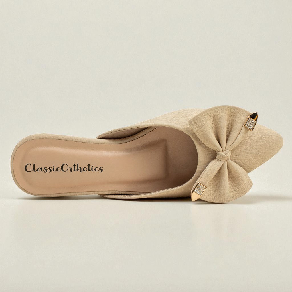 Women Beige Bow Slip-On Mules - ClassicOrthotics