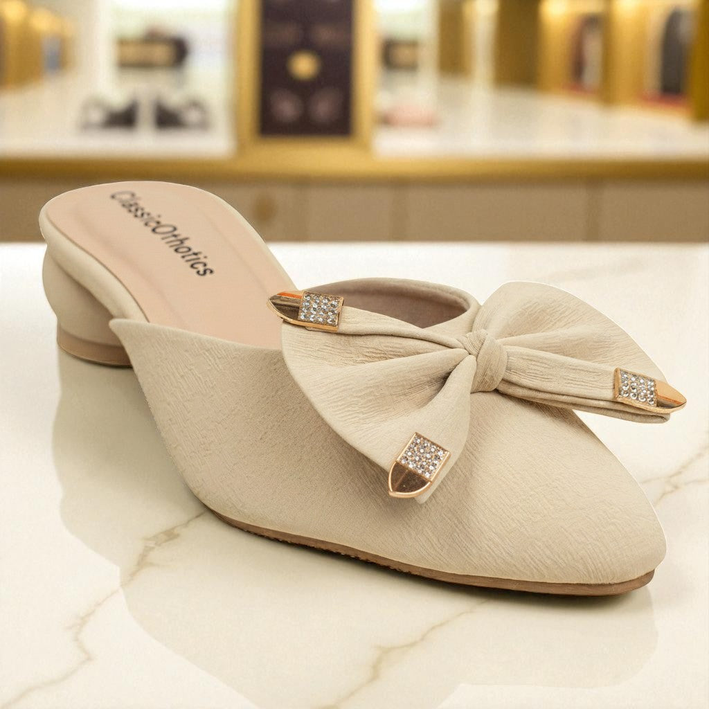 Women Beige Bow Slip-On Mules - ClassicOrthotics